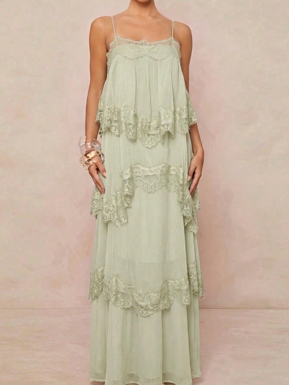Pastel Green Elegant Women's Adjustable Strap Chiffon Dress with Contrast Lace - Picture 8 of 9